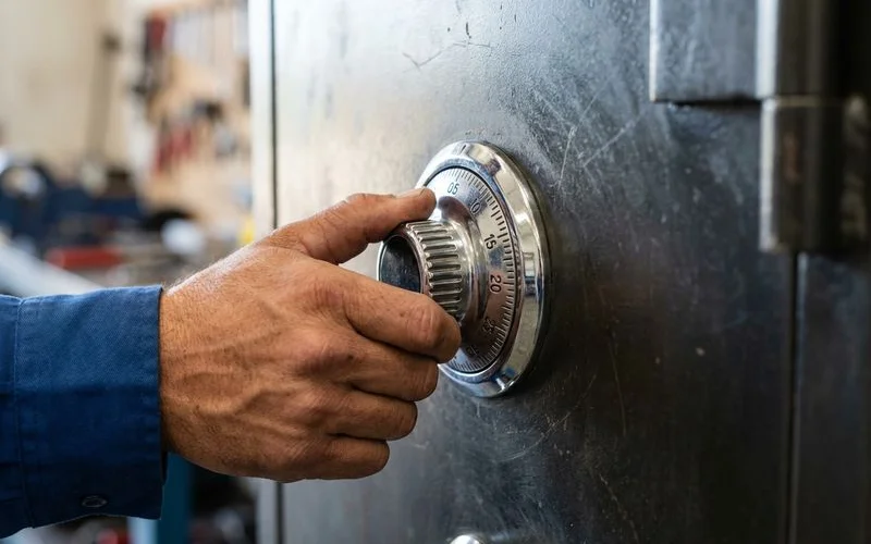 Close-up of a locksmith carefully turning a safe combination dial during professional manipulation