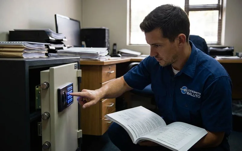 Locksmith resetting the combination code on an electronic safe lock panel after opening