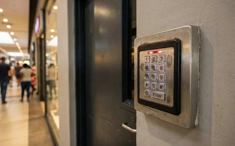 Modern electronic access control keypad installed on a commercial door at Ballito Junction
