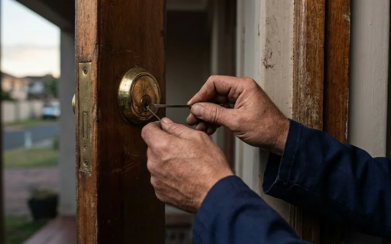 Locksmith using non-destructive entry tools to open a residential door lock in Ballito