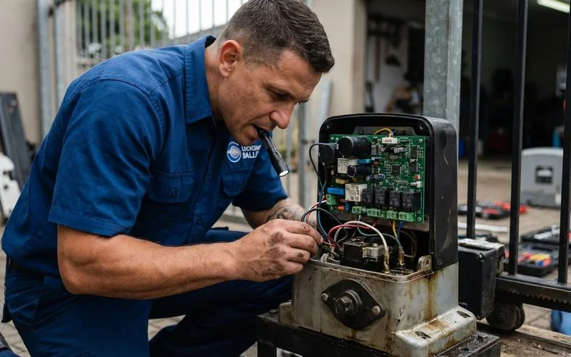 Technician inspecting the interior of a gate motor housing and receiver board for electrical faults