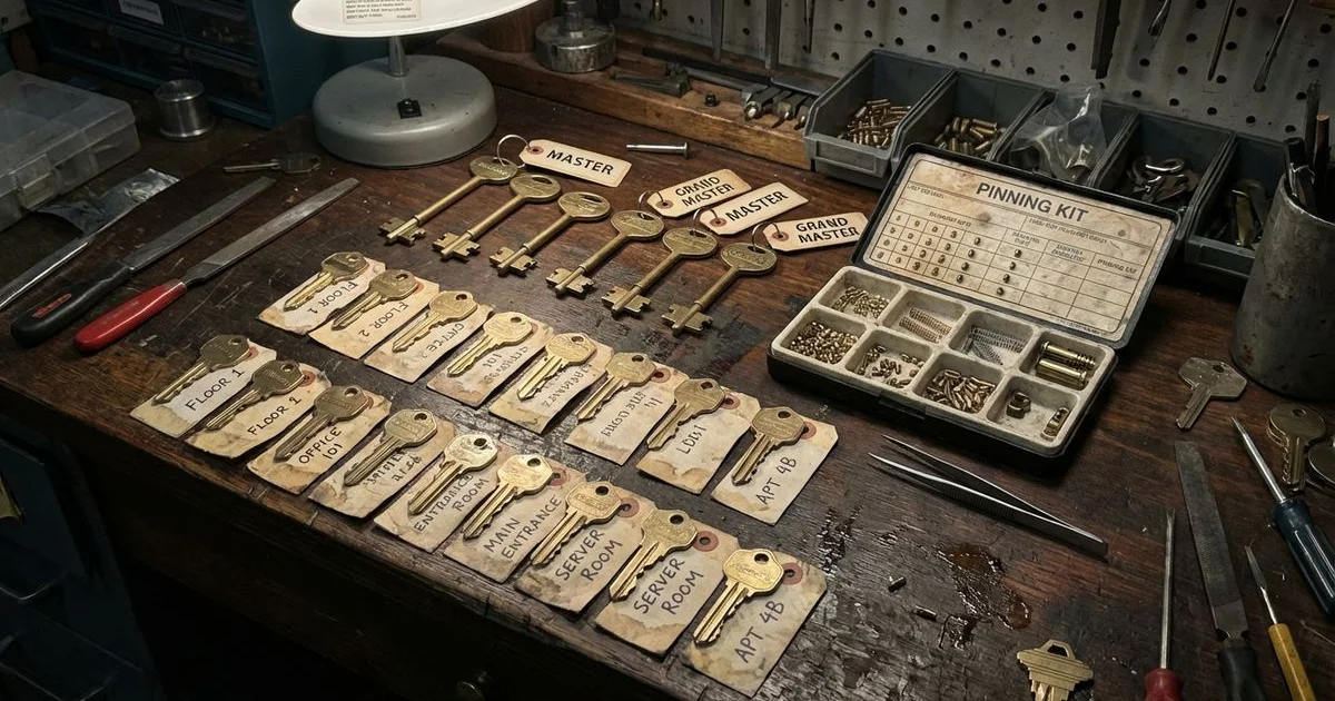 Master key and individual change keys arranged on a table demonstrating a hierarchical key access system